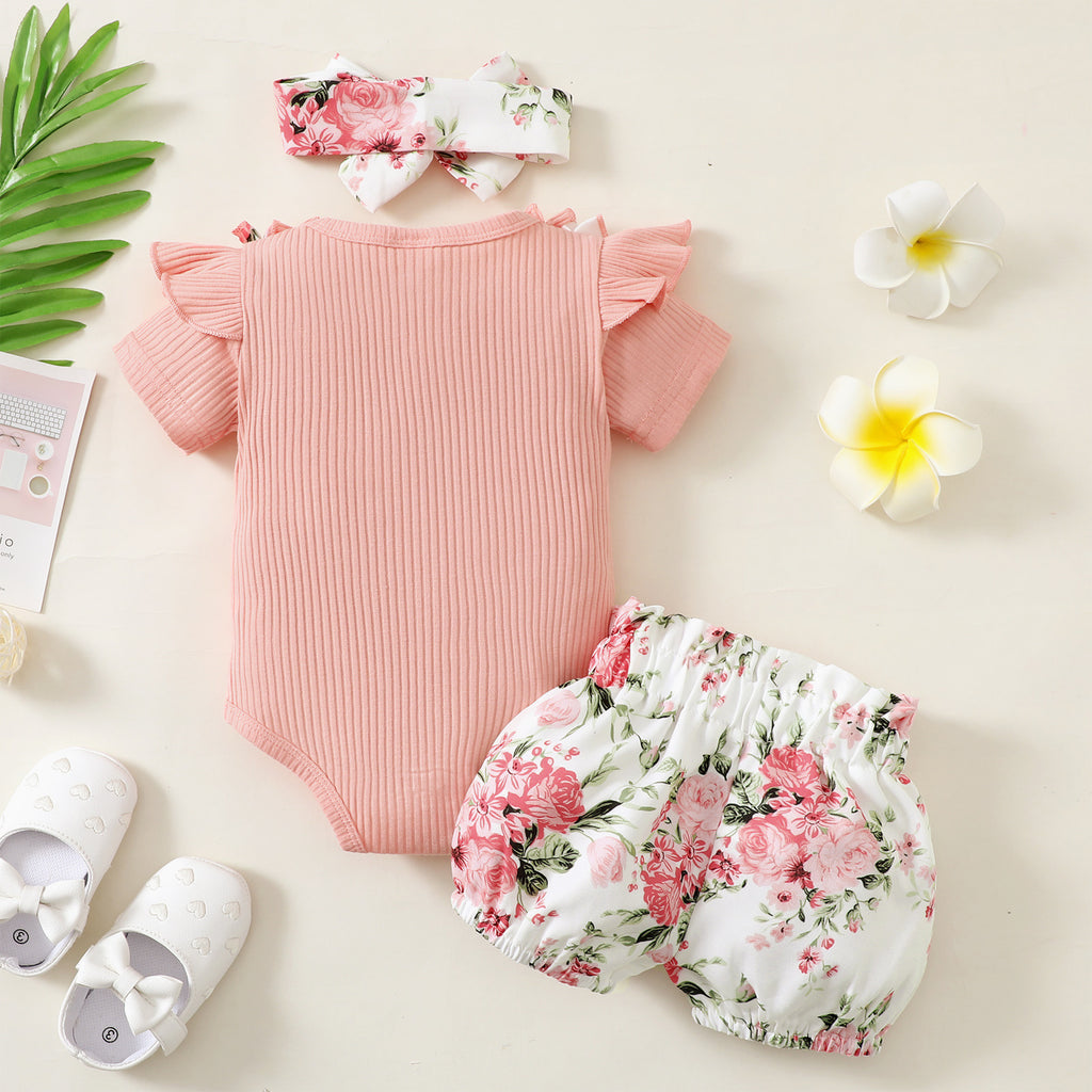 Baby/Toddler Sunken Stripe Cotton And Printed Shorts Plus Belt Fashion Style