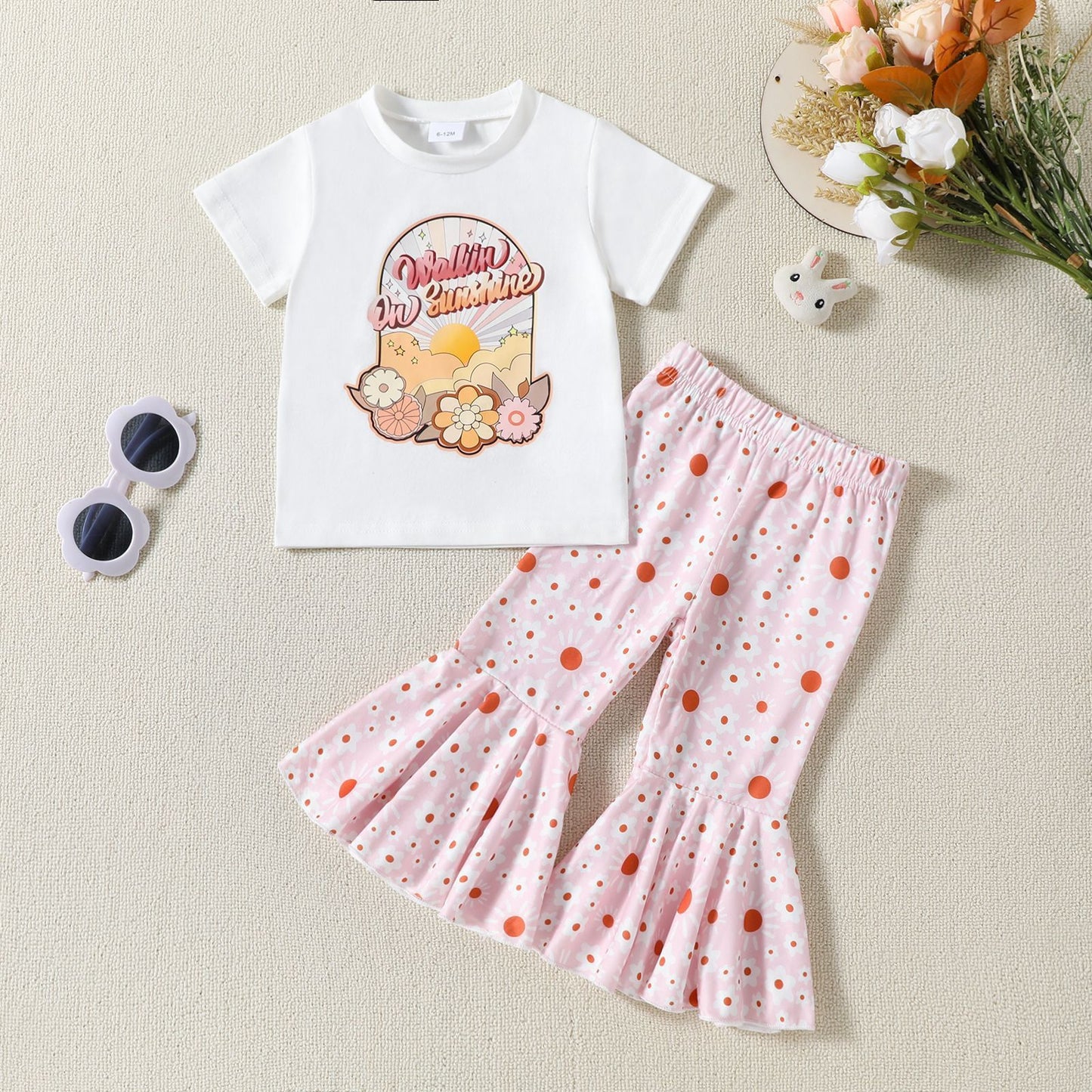 Girls' Flower Print T-shirt Bell-bottom Pants Summer 2pc Set