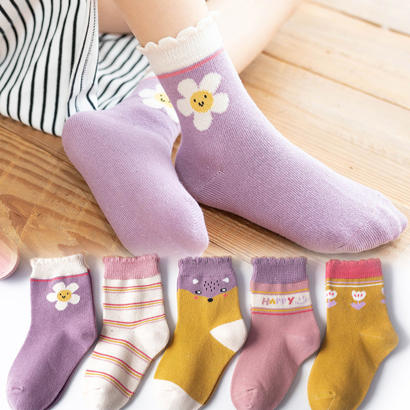 Cotton Socks 5 Pair Set Winter Sports Cartoon Girls' & Boys' Socks, Multiple Designs To Choose From