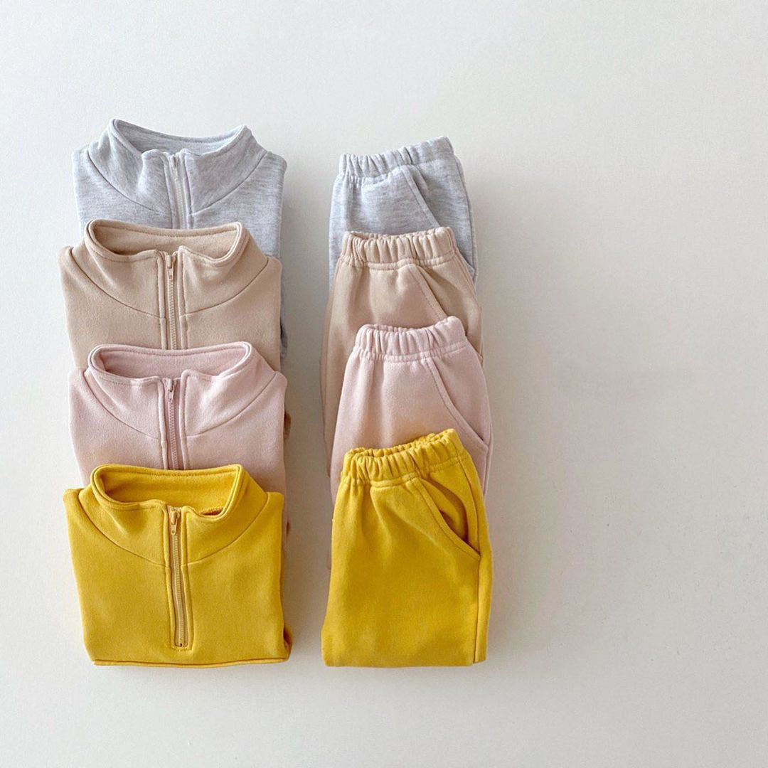 Girls' Solid Color Sweatsuit Zipper Open Stand Collar