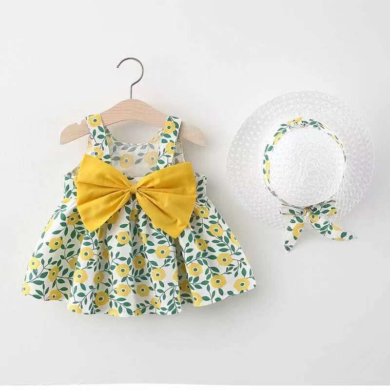 Summer Baby Girl Big Bow Sleeveless Print Dress With Hat 2pc Set