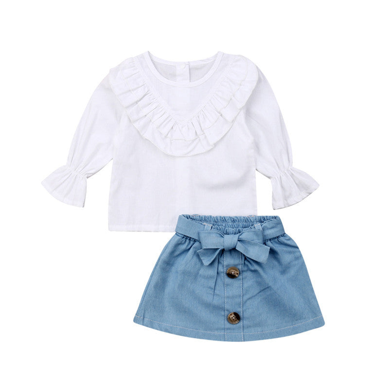 Children's Spring & Autumn Infant Toddler Fresh White Jersey Denim Skirt Suit