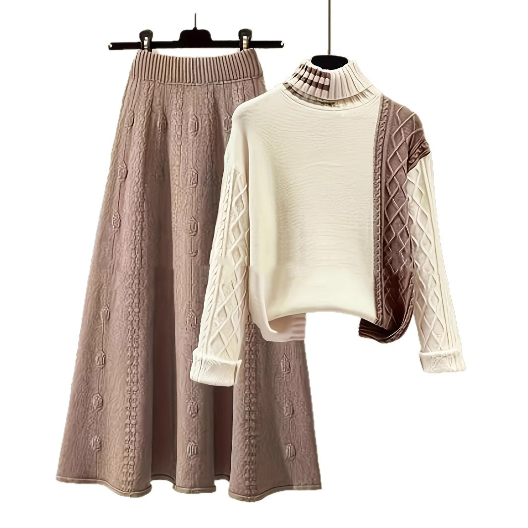 Fashion Polo Collar Contrast Colour High Class Elegant Design Woolen Skirt Two-piece Set