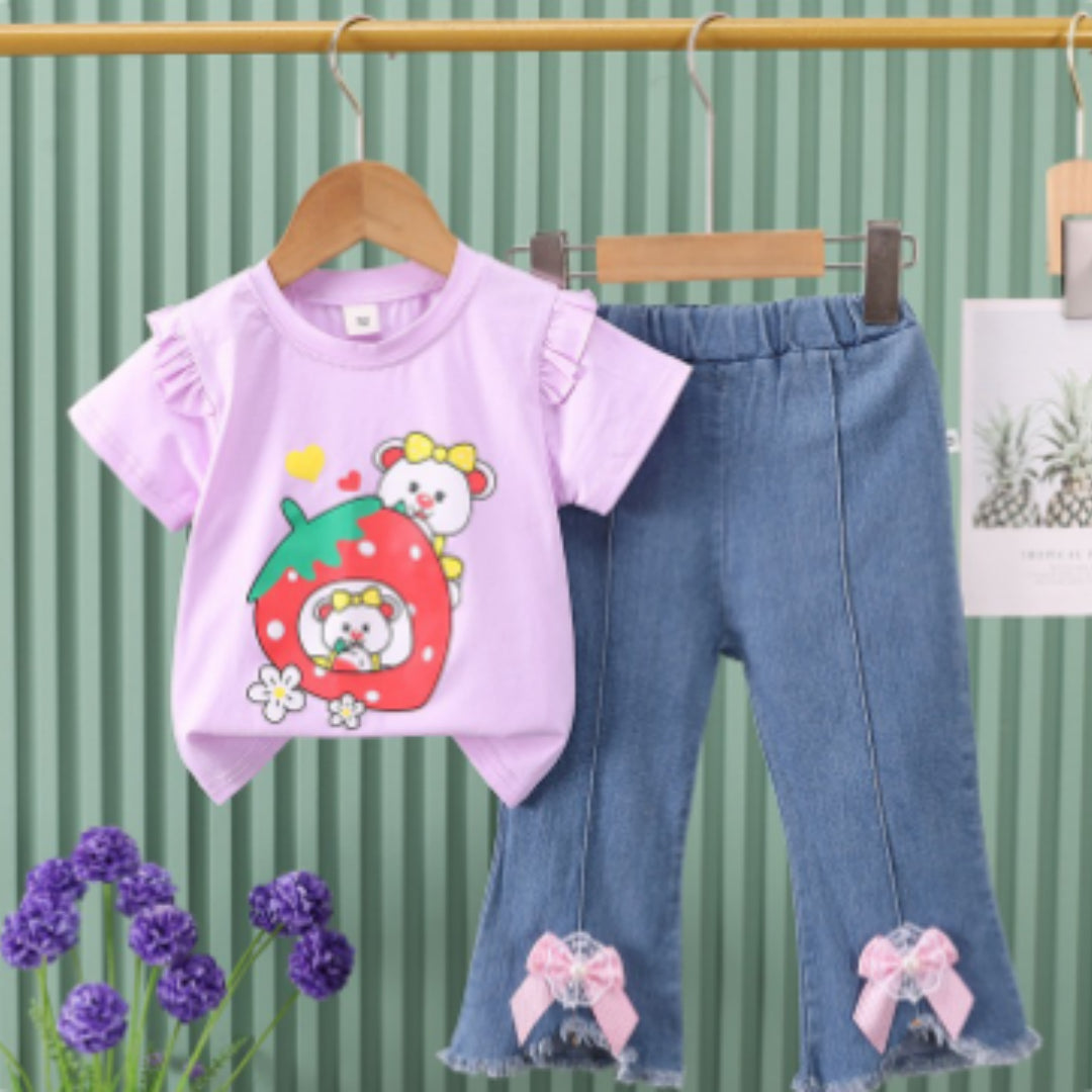 Girl's Short-Sleeve Denim Jeans Set
