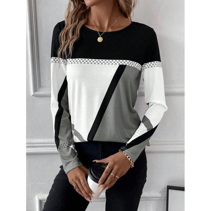 Pullover Round Neck Contrast Colour Stitching Geometric Print Top