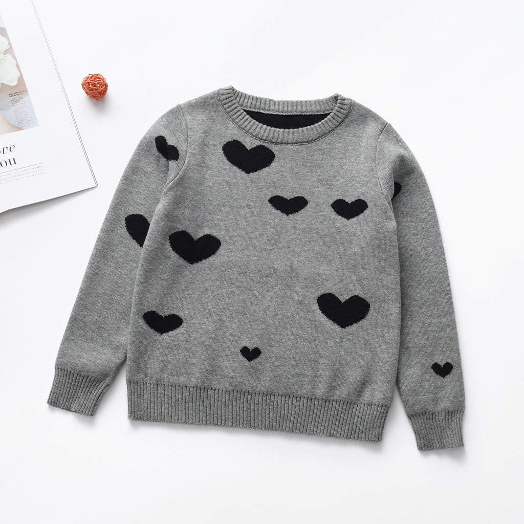 Heart Round Neck Long Sleeve Girl's Sweater