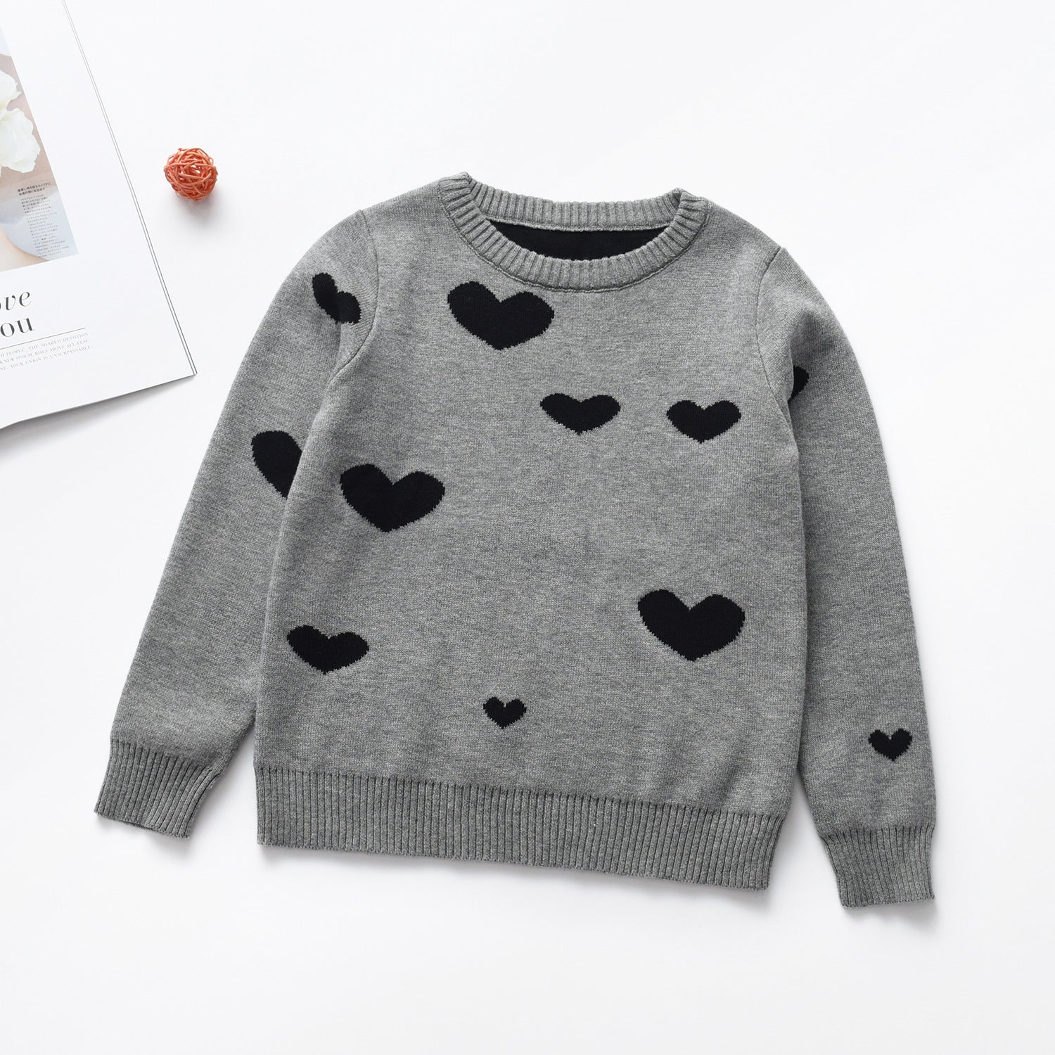 Heart Round Neck Long Sleeve Girl's Sweater