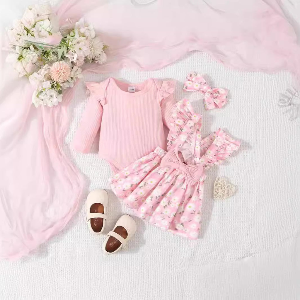 Baby Girl's Simple 3pc Onsie Bow Floral Suspender Skirt