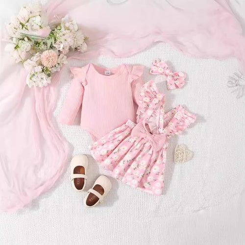Baby Girl's Simple 3pc Onsie Bow Floral Suspender Skirt