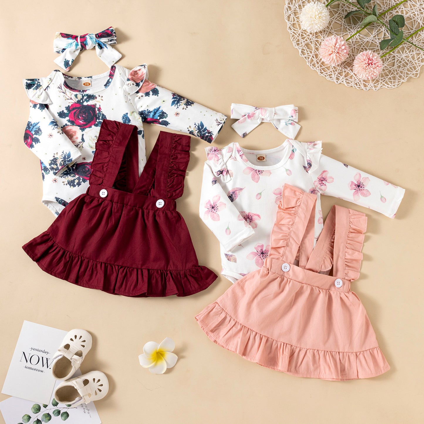 Printed Long-sleeved Baby Girl Ruffled Dress 3pc Set
