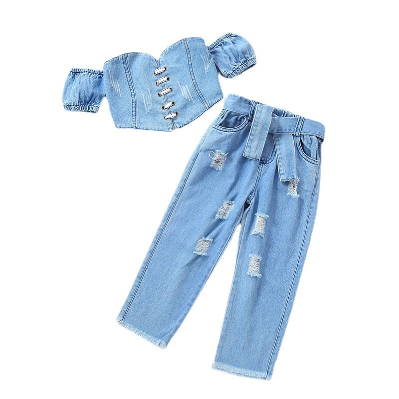 Girls' Off-shoulder Short Sleeve Lace-up Tube Top, Denim Ripped Trousers Suit