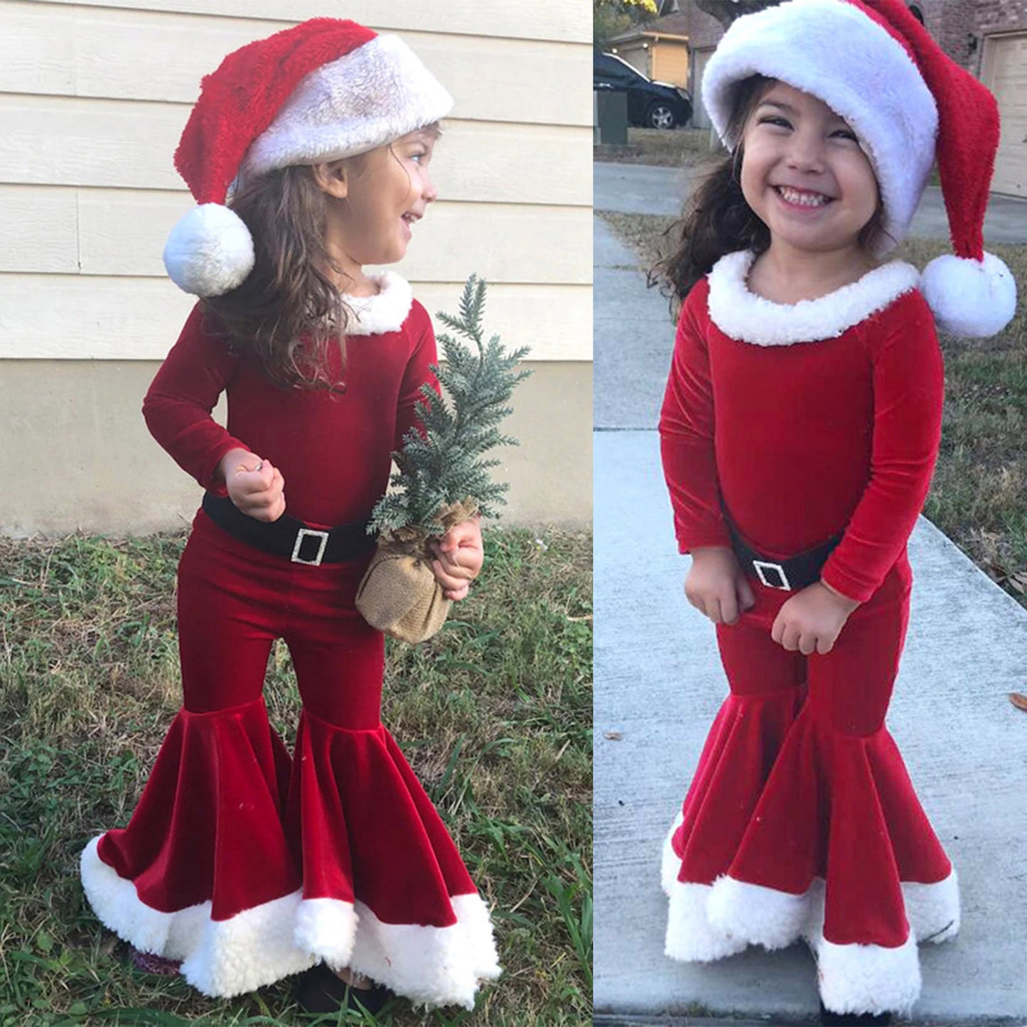 Girls' Christmas Long-sleeved Top, Bell Bottoms & Hat 3pc Set