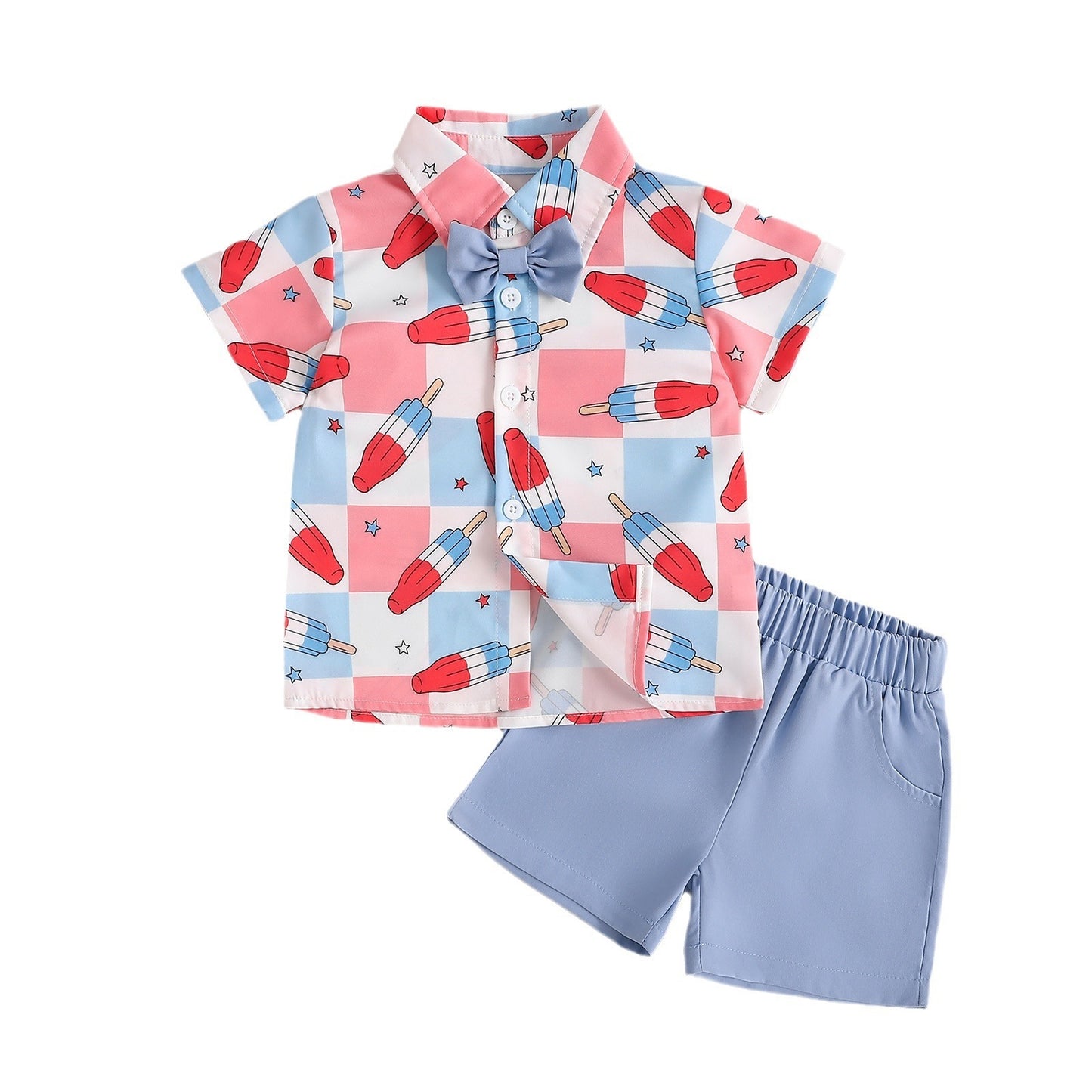 Boys Cute Fashion Gentleman Style Printed Shirt Shorts 2pc Suit