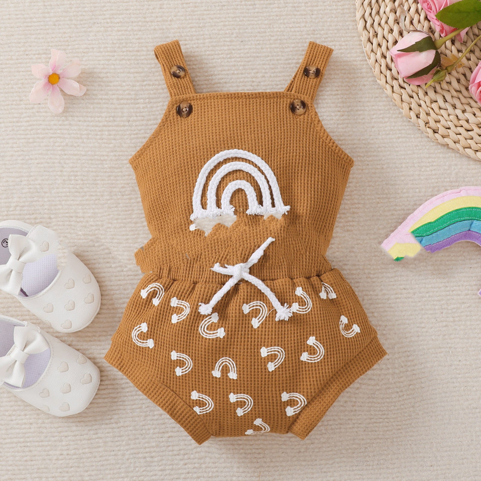 Children's Girl Clothing 2pc Set, Baby Toddler Sleeveless Waffle Print Onesie & Short's Set.