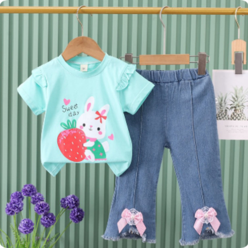 Girl's Short-Sleeve Denim Jeans Set