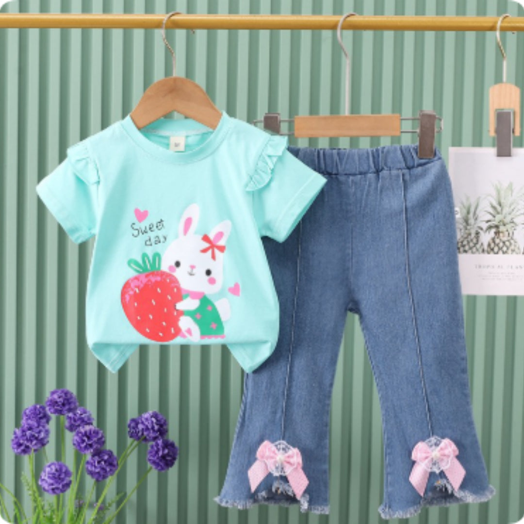 Girl's Short-Sleeve Denim Jeans Set