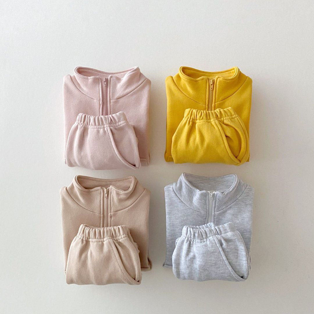 Girls' Solid Color Sweatsuit Zipper Open Stand Collar