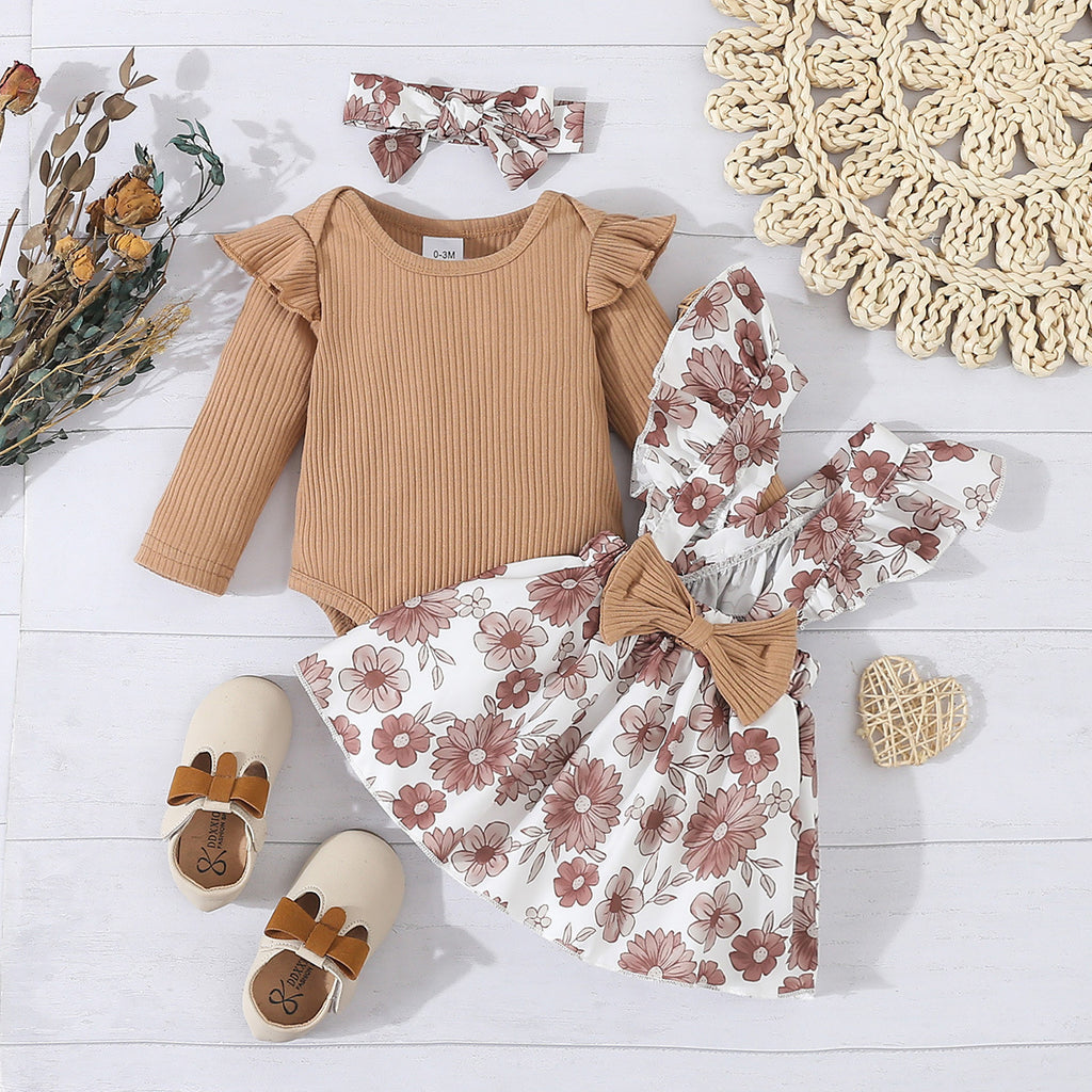 Baby Girl's Simple 3pc Onsie Bow Floral Suspender Skirt