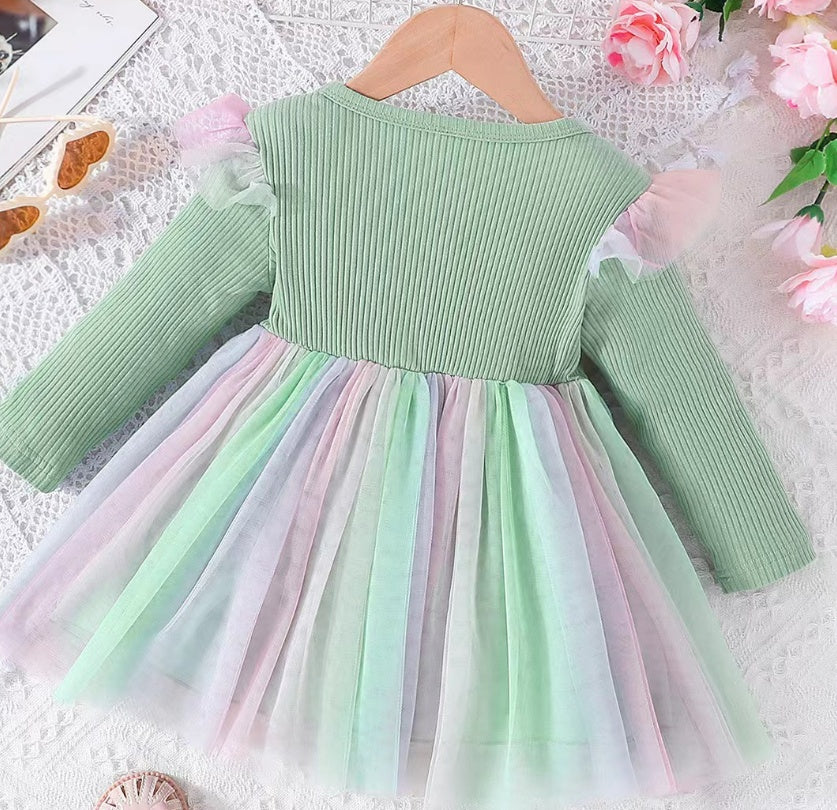 Bow Mesh A- Line Dress Two-color Children's Dress