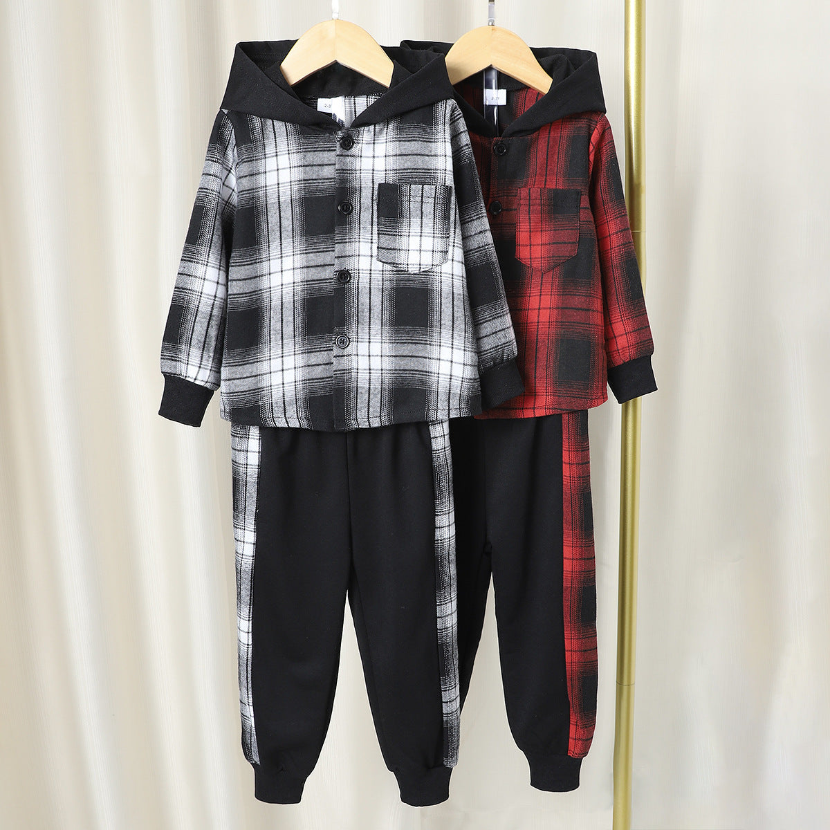 Boys' Long Sleeve Plaid Contrast Color Hoodie Two-piece Set