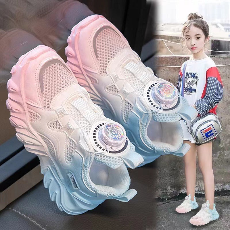 Rotating Button Mesh Breathable Girls' Sneakers