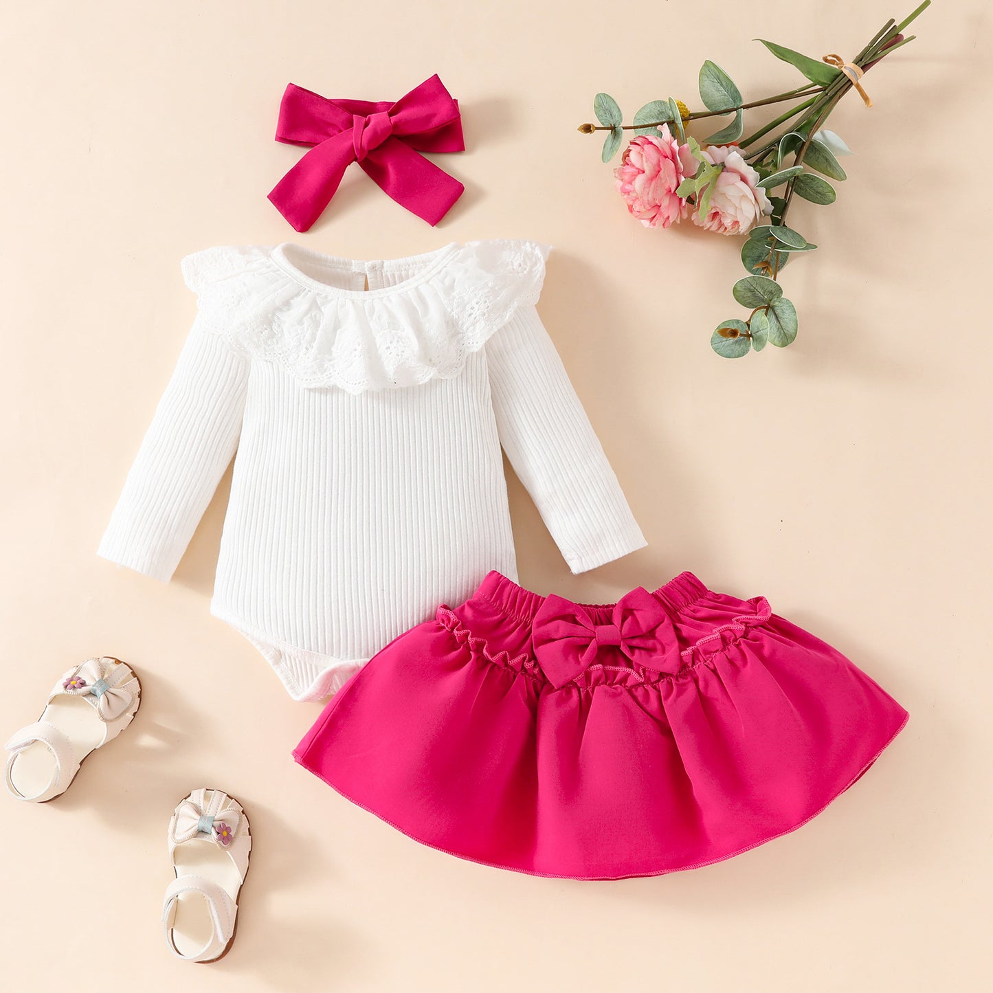 Baby Girl Lace Ruffles Long-sleeve Jumpsuit Bow Skirt Hair Band Three-piece Suit