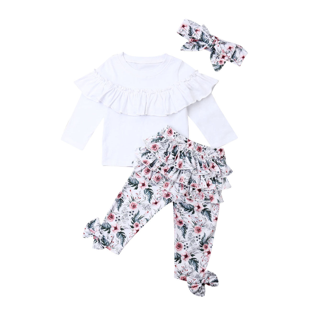Girls' Lace Blouse With Multi-layer Printing Trousers And Flower Headband 3pc Set