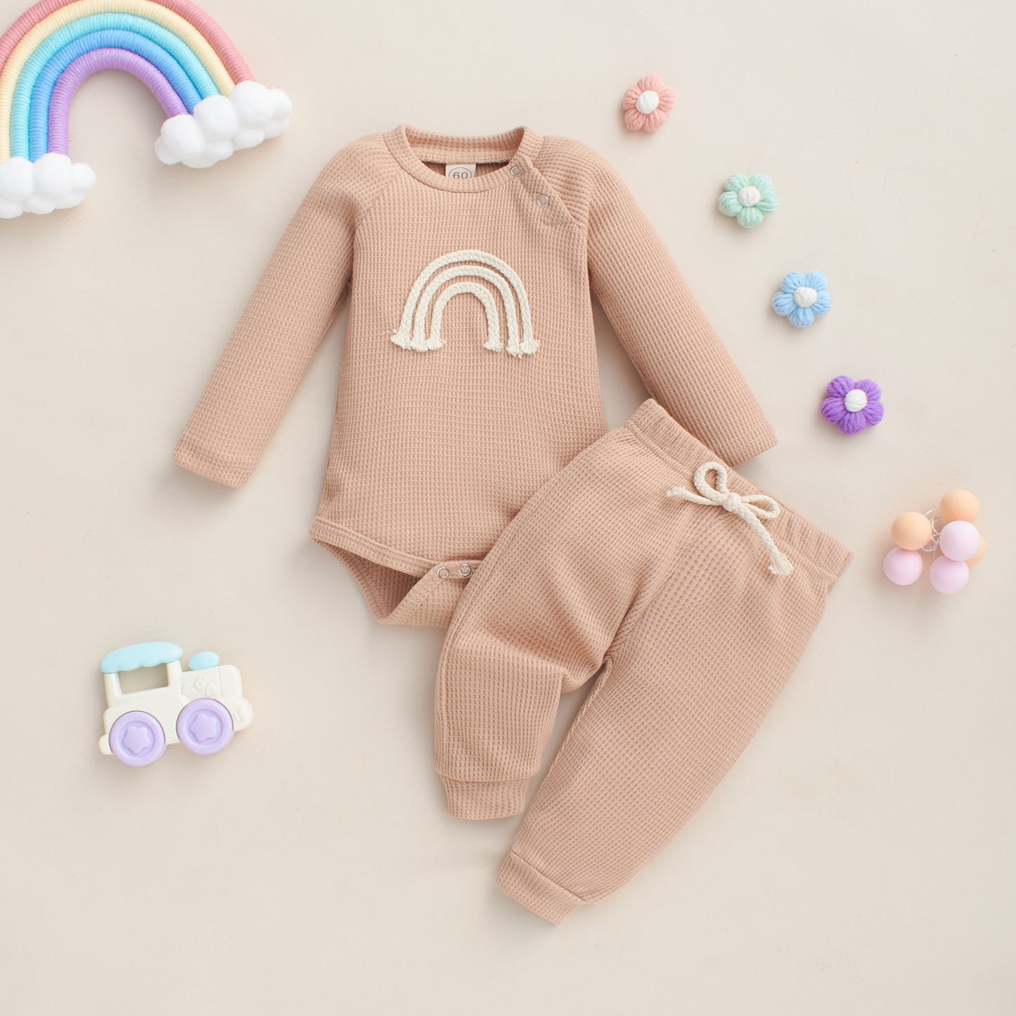 Autumn And Winter Infant Toddler Five-color Embroidered Rainbow Onesie Two-piece Set