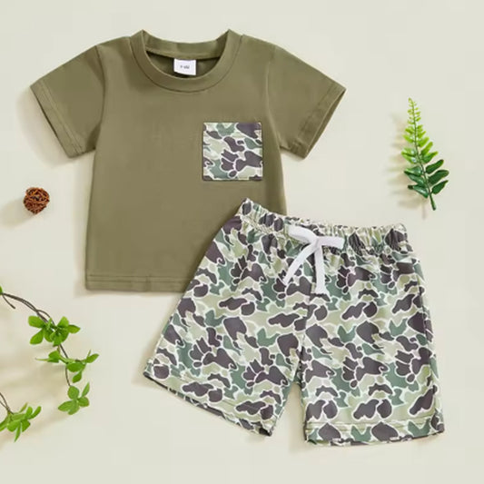 Boy's Camouflage Printed Faux Pocket Short Sleeve Top Set