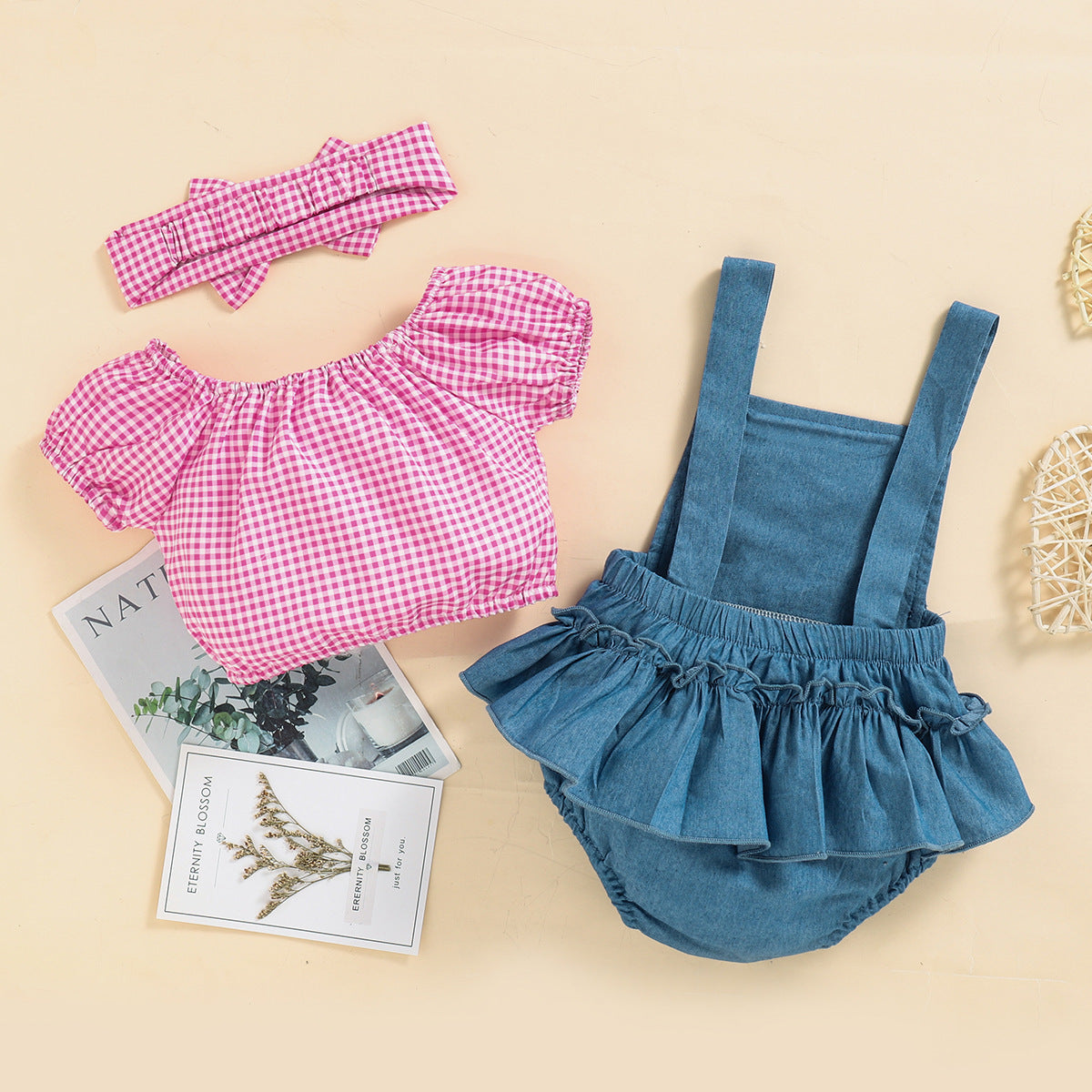 Baby Girl Denim Onesie Overall 3pc Set