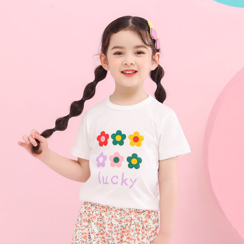 Short-sleeved T-shirt For Girls, Flower Print Top