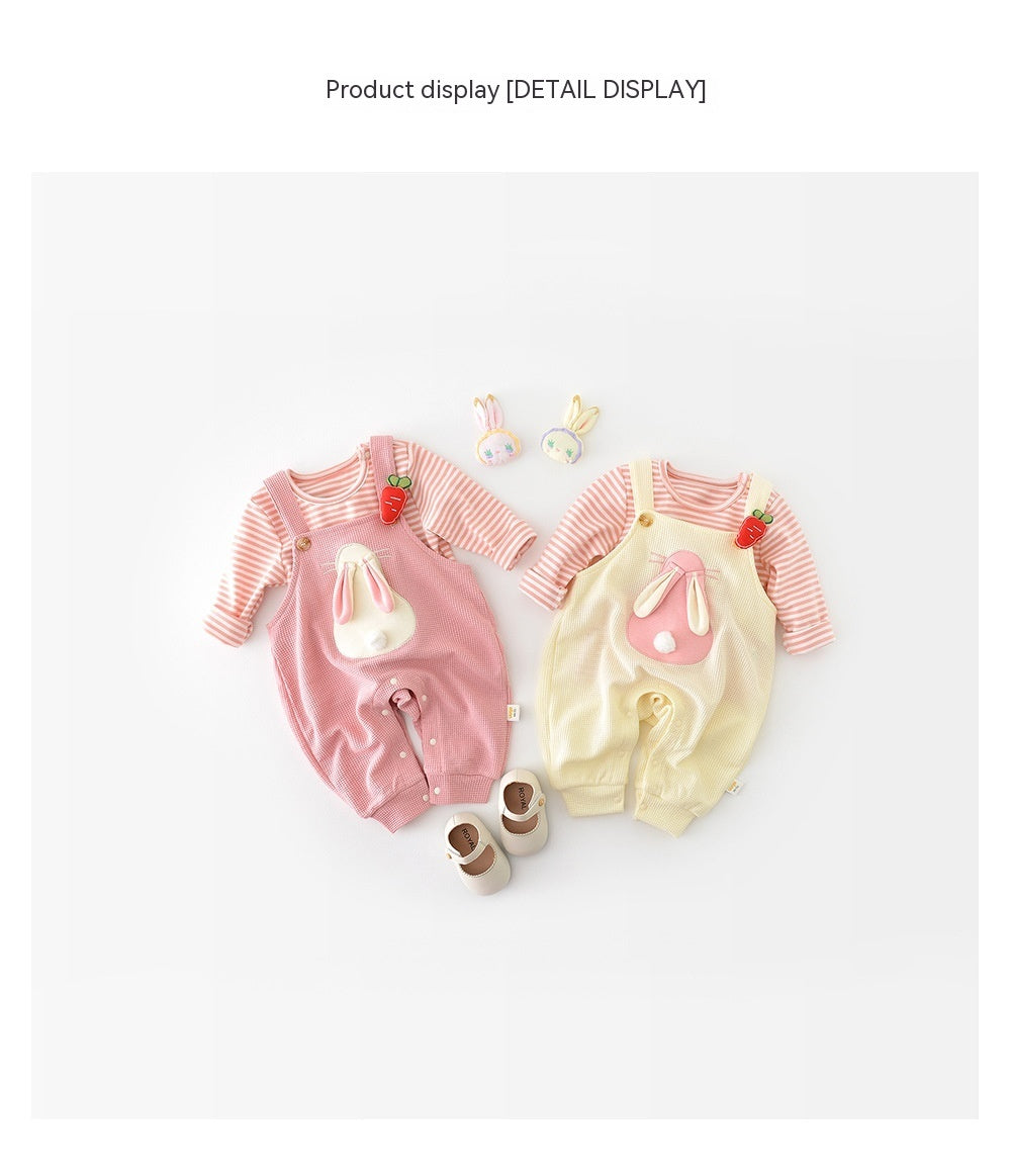 Infant Fashionable Cartoon Bunny Suspender Pants Baby Striped T-shirt Two-piece Set