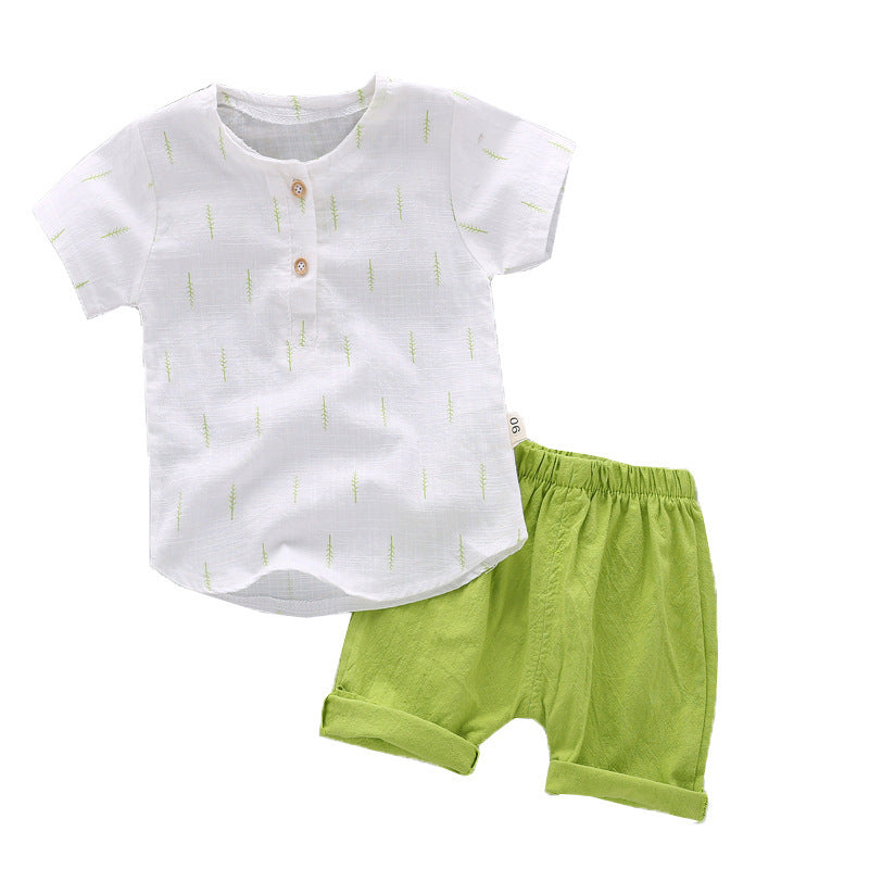 Boys' Casual Printed Cotton Linen Short Sleeved Pants Set