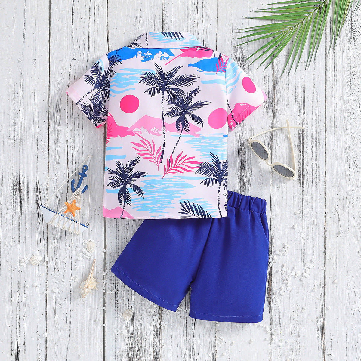 New Boys' Tropical Short-sleeved Printed Shirt And Shorts Two-piece Set