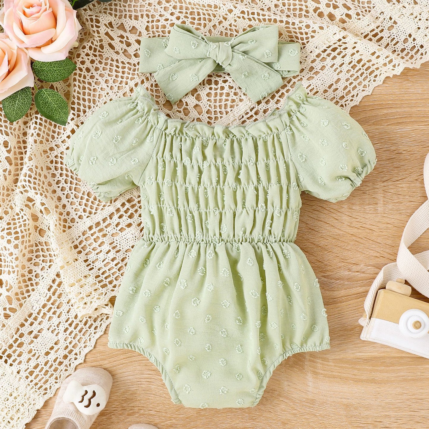 Baby Girl Puff Short Sleeve Romper & Headband Set