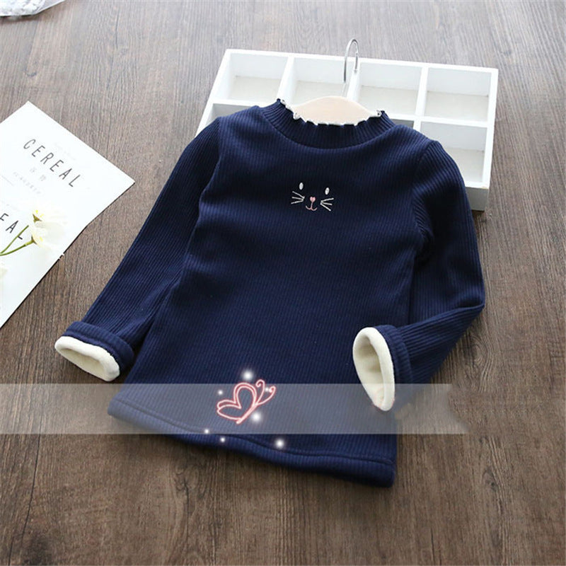 Girls' Fleece-lined Wooden Ear Thickened Thermal Shirt