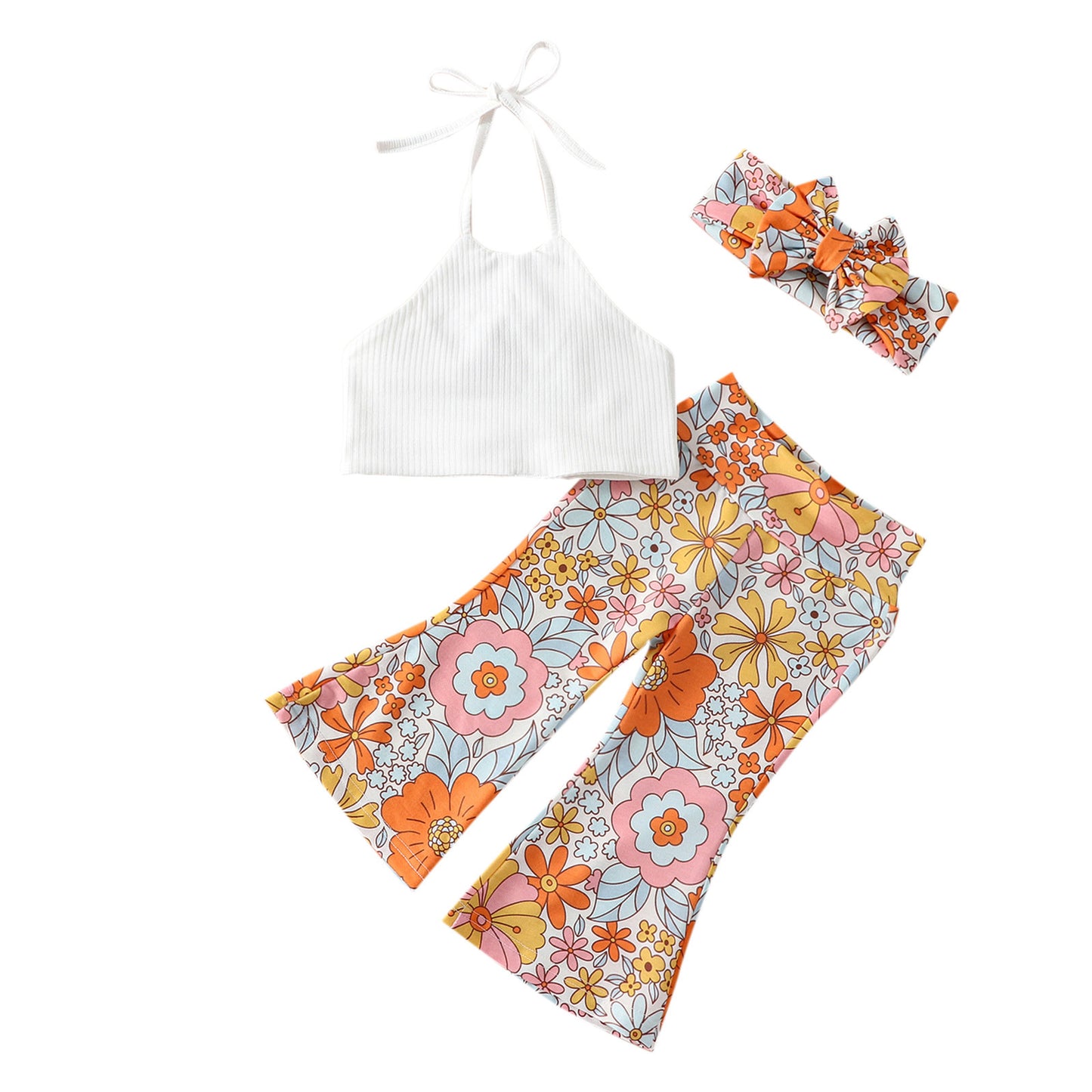 New Girls' Halter Top Printed Flare Pants Suit With Headband 3pc Set