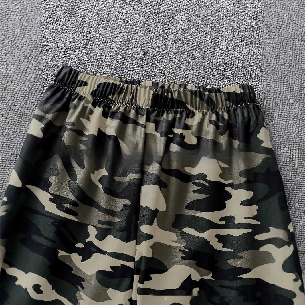 Girls' Cropped Hoodie Rib Vest Camouflage Full Printed Sweatpants Three-piece Set