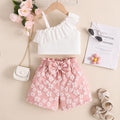 Girl's Summer Oblique Shoulder Tops Floral Shorts 2pc Set