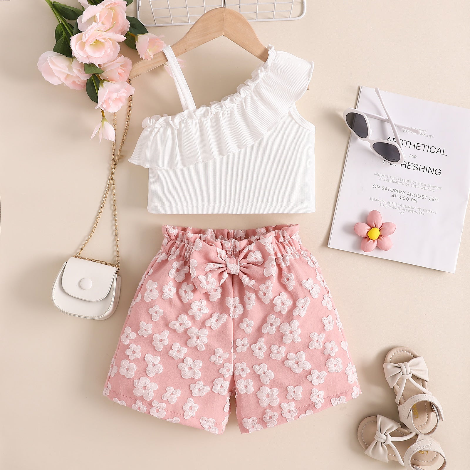 Girl's Summer Oblique Shoulder Tops Floral Shorts 2pc Set
