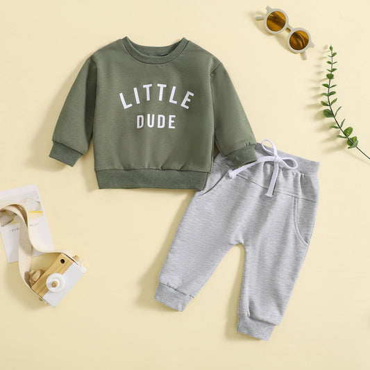 Printed "Little Dude" Top Solid Color Pants 2pc Set