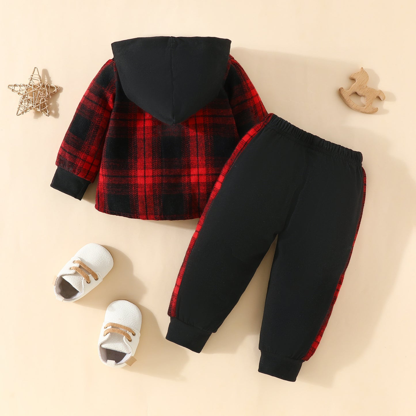 Toddler Baby Boy Classic Plaid Hooded Long Sleeve Shirt Contrast Color Trousers Suit