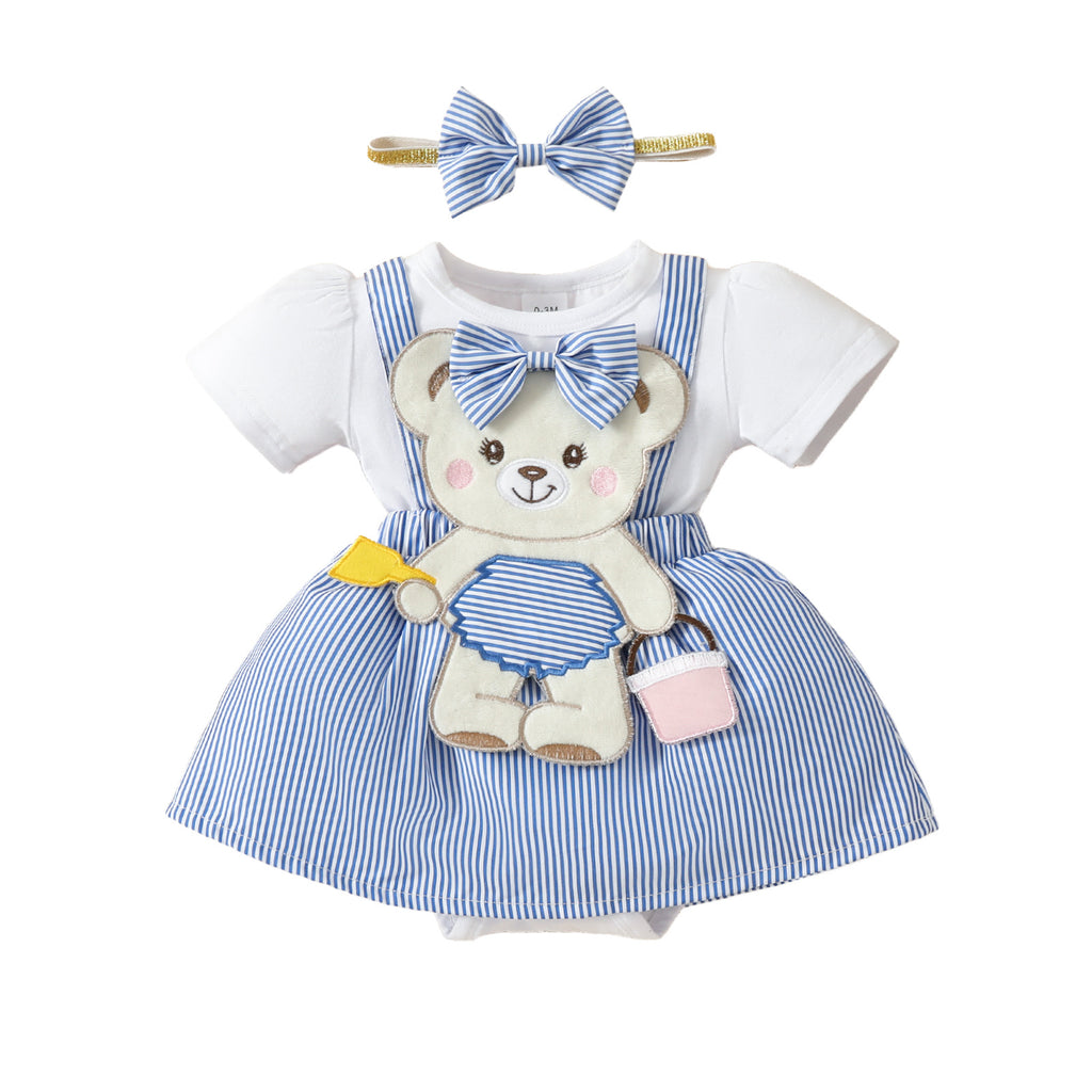 Baby Bear Embroidered Fake Suspender Skirt Short Sleeve Triangle Baby Dress