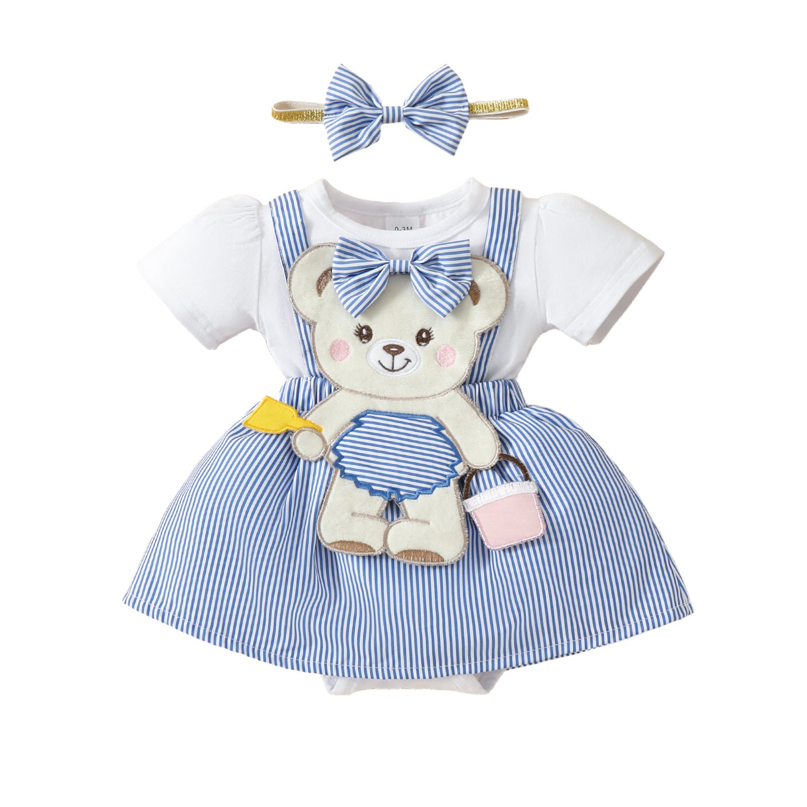 Baby Bear Embroidered Fake Suspender Skirt Short Sleeve Triangle Baby Dress
