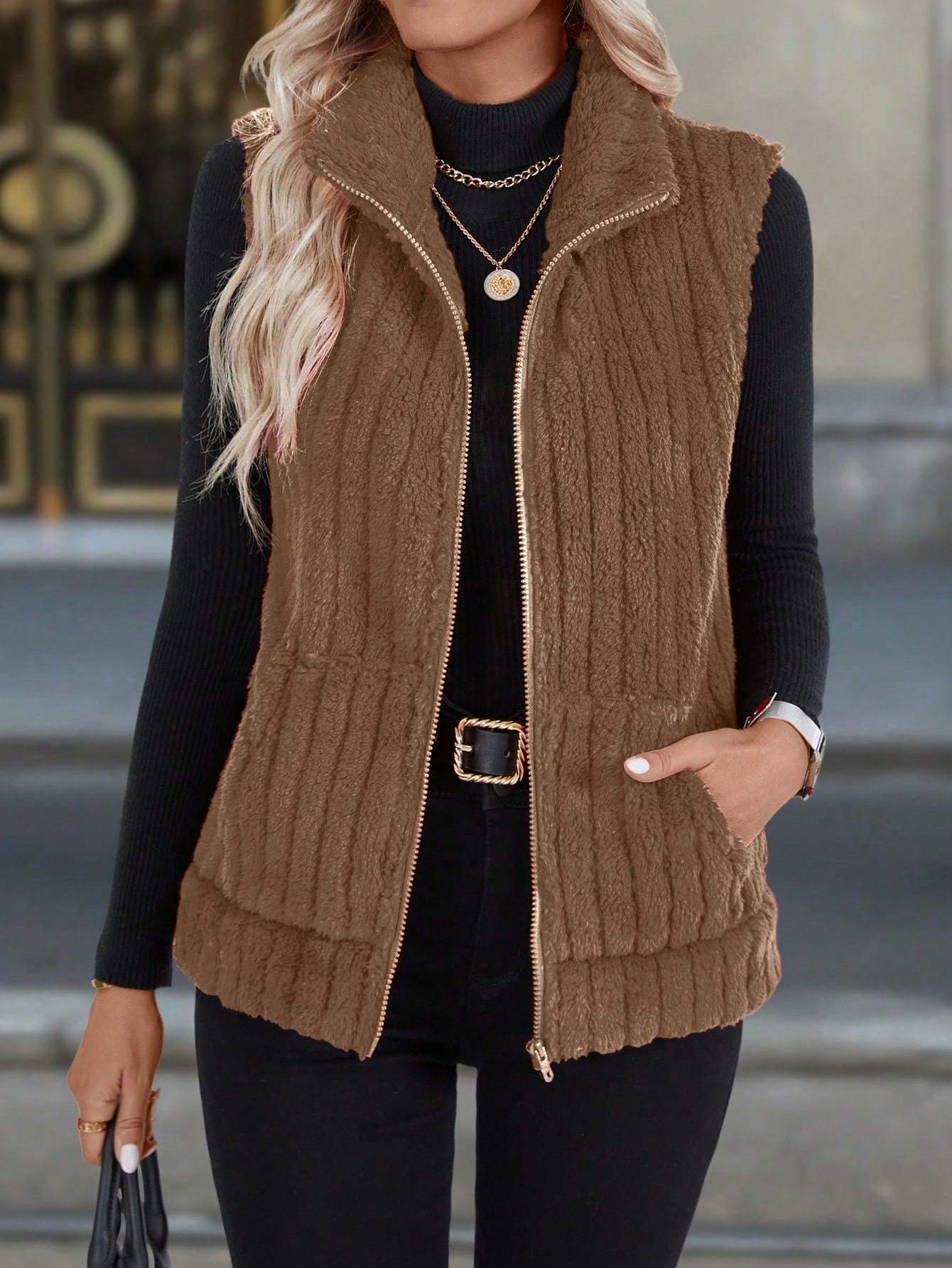 Autumn And Winter Women's Casual Zipper Stand Up Collar Vest Jacket