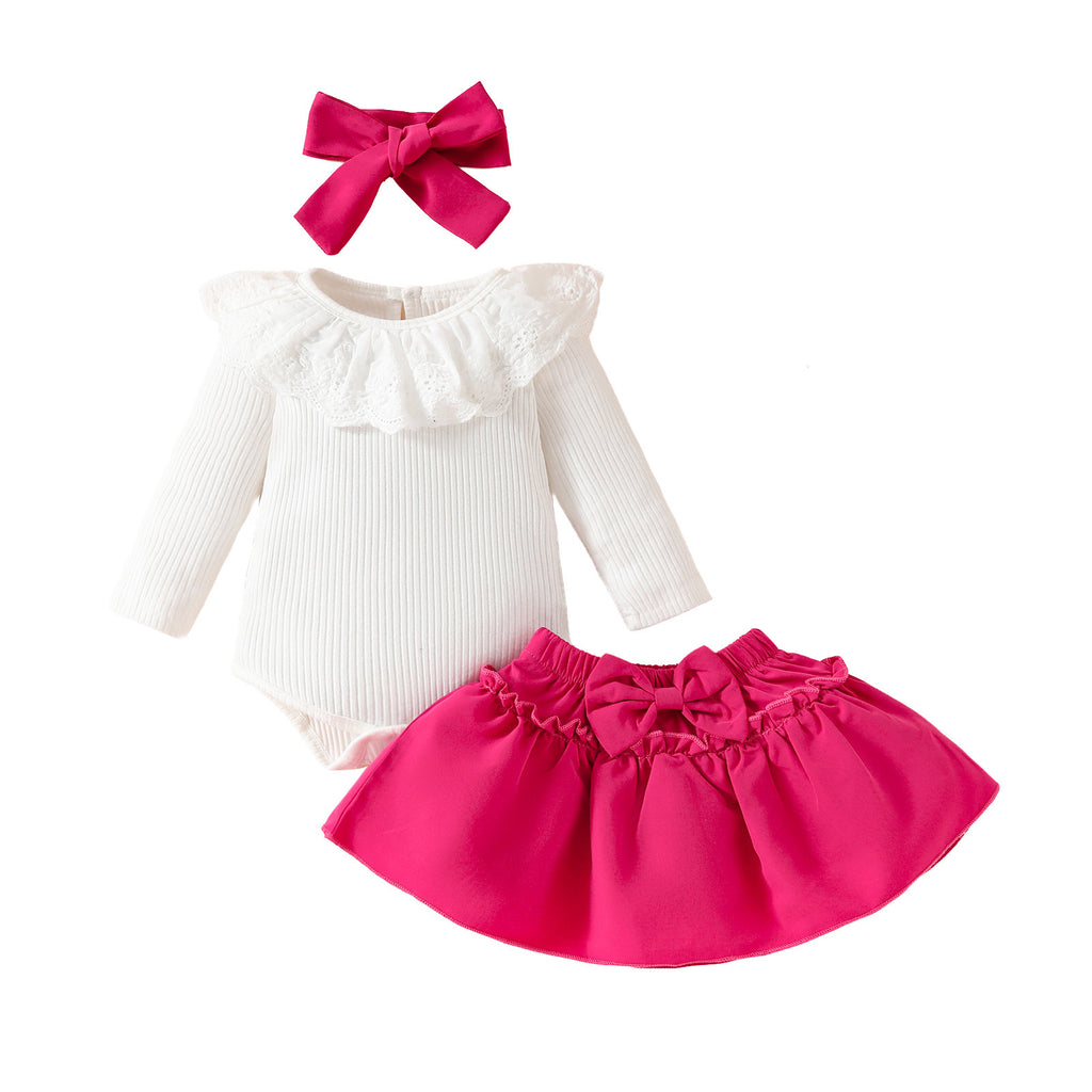 Baby Girl Lace Ruffles Long-sleeve Jumpsuit Bow Skirt Hair Band Three-piece Suit