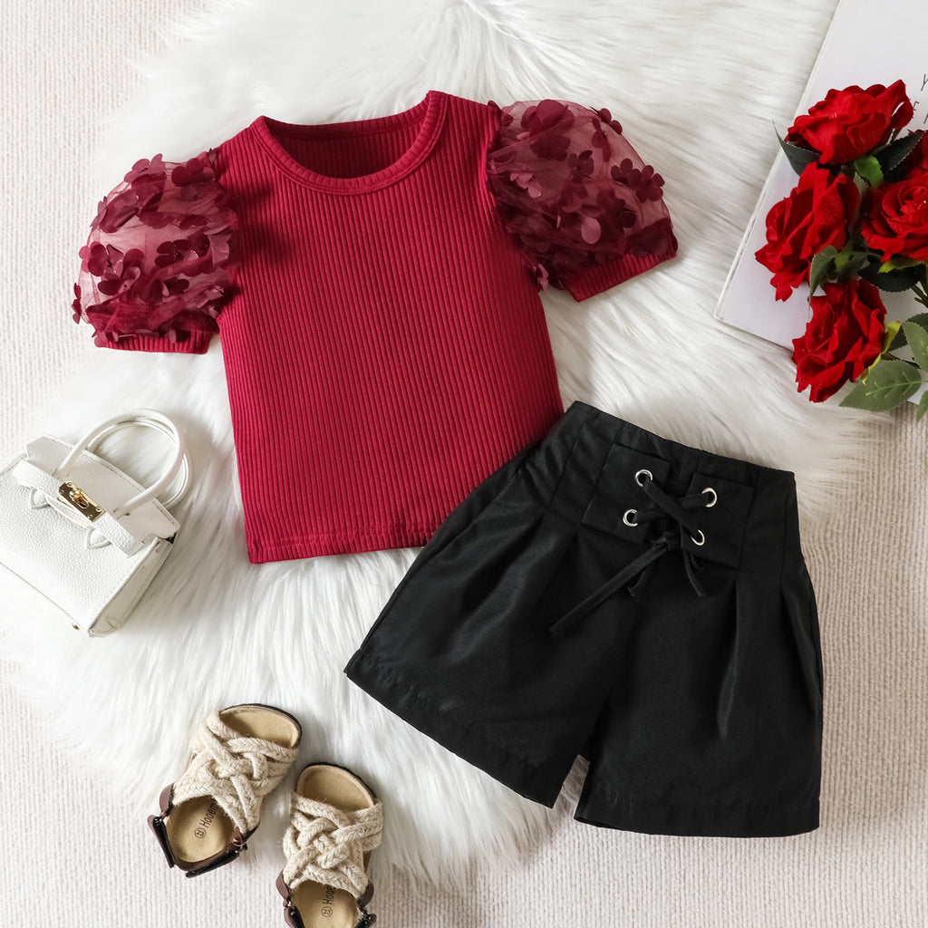 Girls' Summer Mesh Petals Short Sleeve Top & Shorts Set