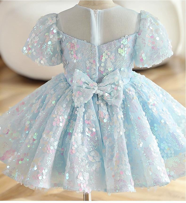 Girls Blue Sequins New Puff Sleeve Umbrella Princess Dress