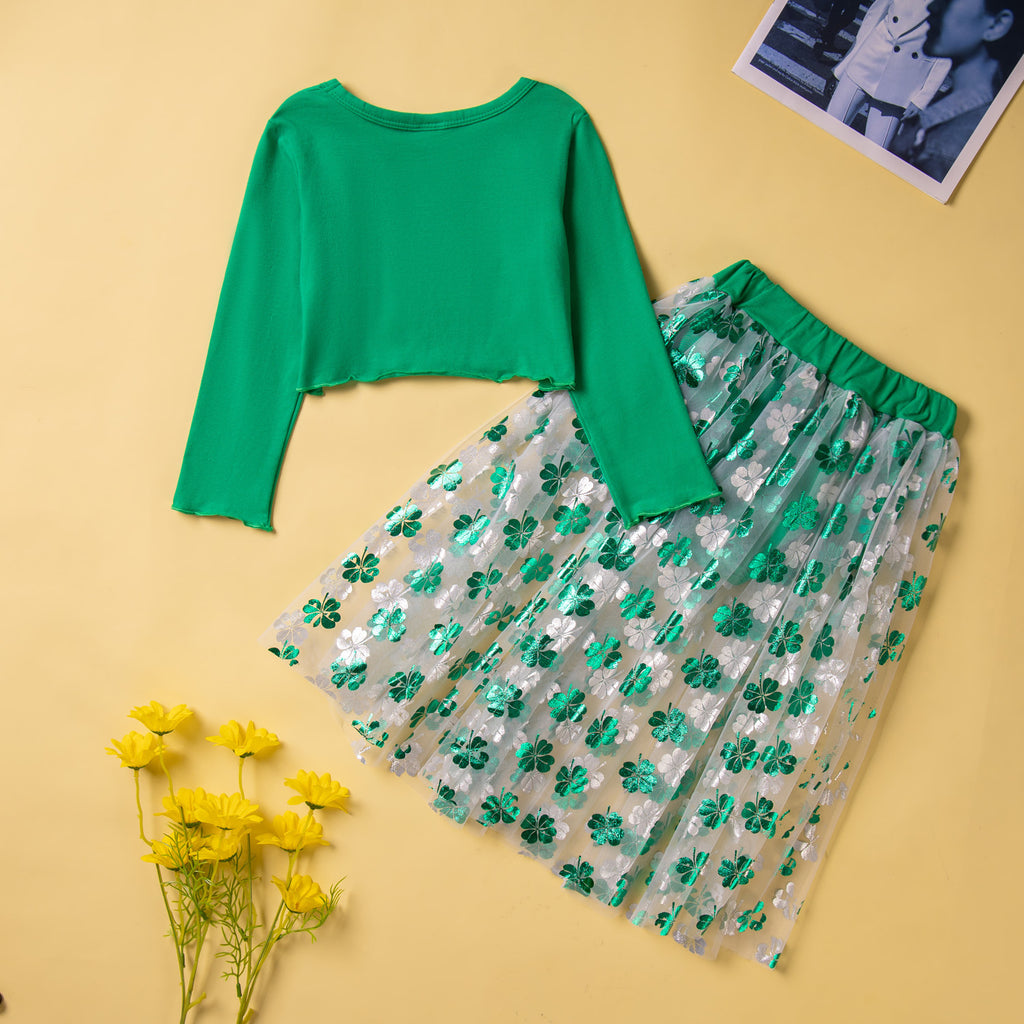 Girls' Ethnic Style Long Sleeve Top And Shorts Tulle Skirt Side Two-piece Set