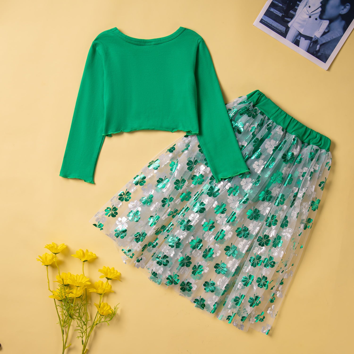 Girls' Ethnic Style Long Sleeve Top And Shorts Tulle Skirt Side Two-piece Set